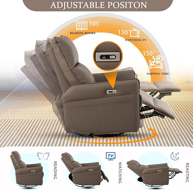 Power Swivel Rocker Recliner Chair for Nursery Upholstered 270° Swivel Glider Rocker Chair with USB Ports Small Power Recliners for Small Spaces Living Room (Brown)