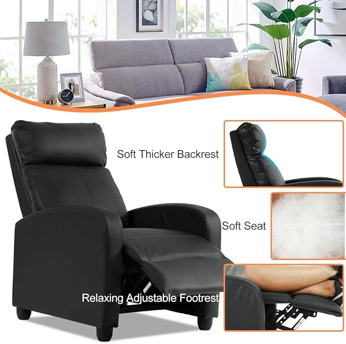 Home Recliner Chair Massage Single Sofa Wingback Recliner Sofa Reading Chair Modern Reclining Chair Home Theater Seating Modern Reclining Easy Lounge with Padded Seat Backrest Black