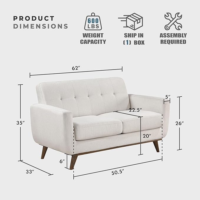Lexicon Modern Accent Couch Textured Fabric Upholstered Loveseat with Brown Wood Legs Track Arms Tufted Couch Back 2 Seater Loveseat Sofa for Living Room/Office/Waiting Room Beige