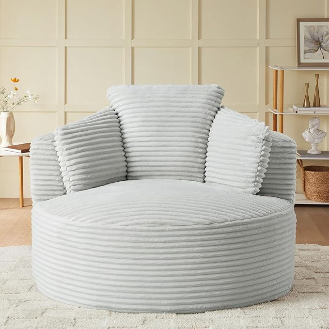 Round Chair Lounge Chaise Indoor 48.8 Oversized Sofa Chair Upholstered Corduroy Deep Seat Sleeper Sofa Bed No Assembly Required for Living Room Bedroom Apartment Light Grey