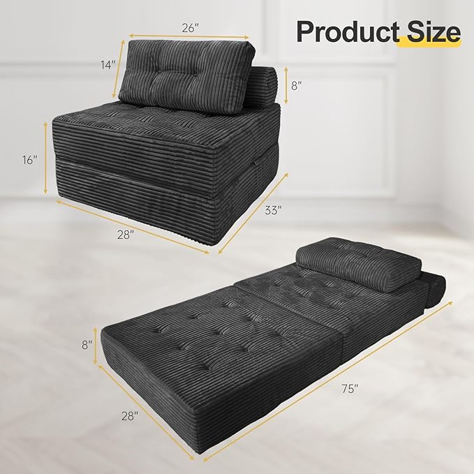 Folding Sofa Bed Convertible Couch Chair with Pillow Boneless Velvet Foldable Sleeper Sofa with Back Support Portable Fold Out Lounger for Living Room Apartment &amp Dorm Dark Grey Corduroy | Lu