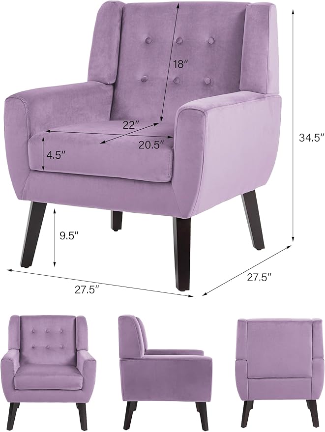 Accent Chair Mid-Century Modern Velvet Fabric Chairs with Arms for Living Room Comfy Upholstered Club Single Sofa Armchair for Bedroom Waiting Room with Solid Wood Frame (Velvet Purple Set of 1)