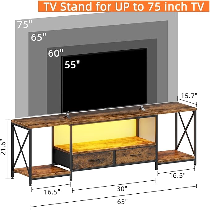 LED TV Stand for 75 70 Inch TV with Fabric Drawers LED Entertainment Center Television Stands with Storage Shelves for Living Room Bedroom TV Console Table 63 Rustic Brown