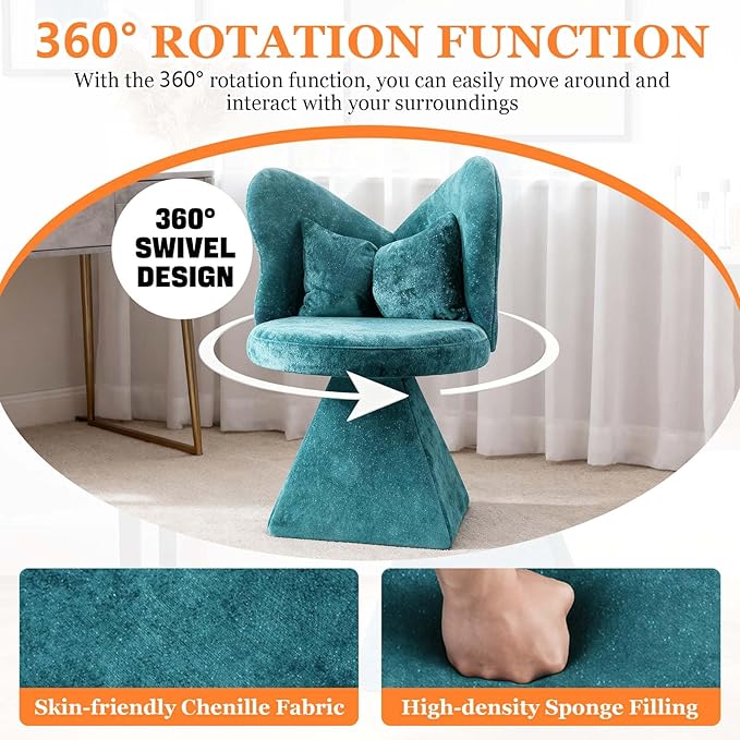 360° Swivel Vanity Chair with Back and PillowChenille Comfy Makeup Chairs for VanityBlue Modern Desk Chair No Wheels for BedroomLiving Room (Blue)