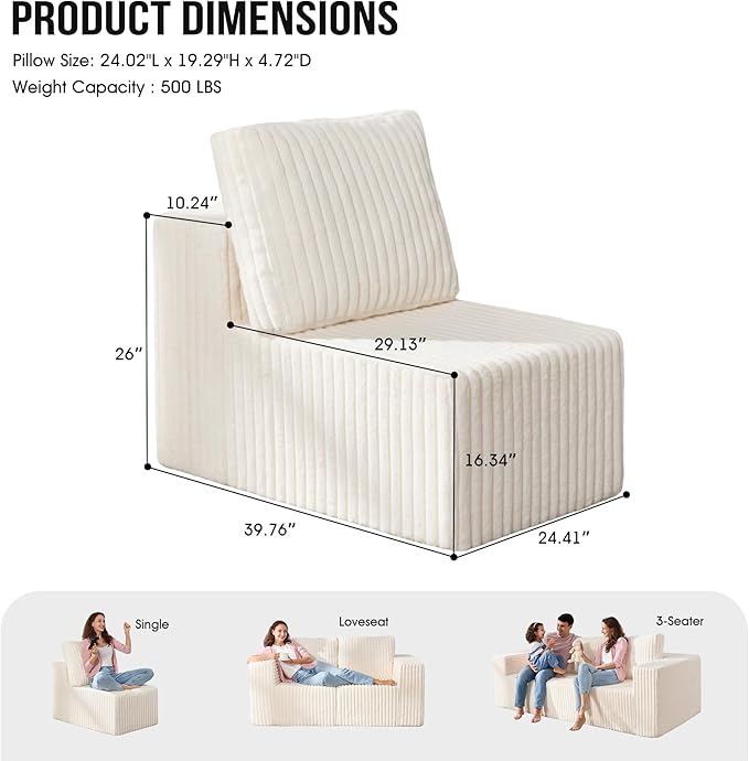 Single Sofa 1 Seat Couch with Deep Seat Memory Foam Cloud Chair with Pillows Large Sofa with L Shape for Living Room Bedroom (Strip White Single)