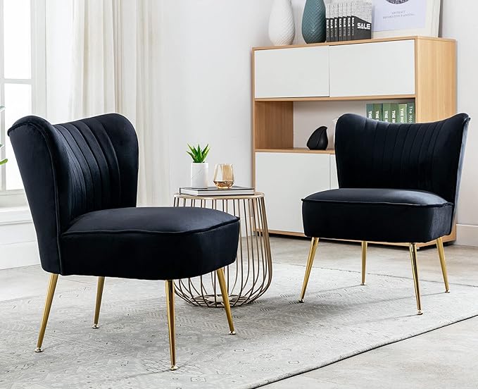 Black Velvet Accent Chairs Set of 2 with Golden Legs Upholstered Side Chairs Mid-Century Modern Slipper Chairs for Guest Room Comfy Armless Wingback Corner Single Sofa Living Room Chairs