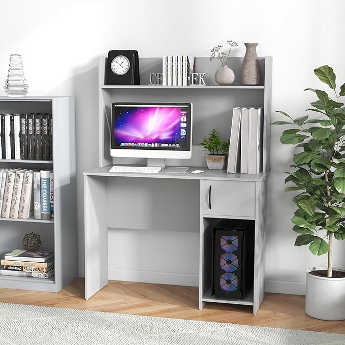 Giantex Computer Desk with Hutch Home Office Desk with Storage Cabinet &amp Adjustable Shelf 2 Cable Holes Modern Laptop PC Desk Computer Workstation for Working Study Writing Desk for Bedroom G