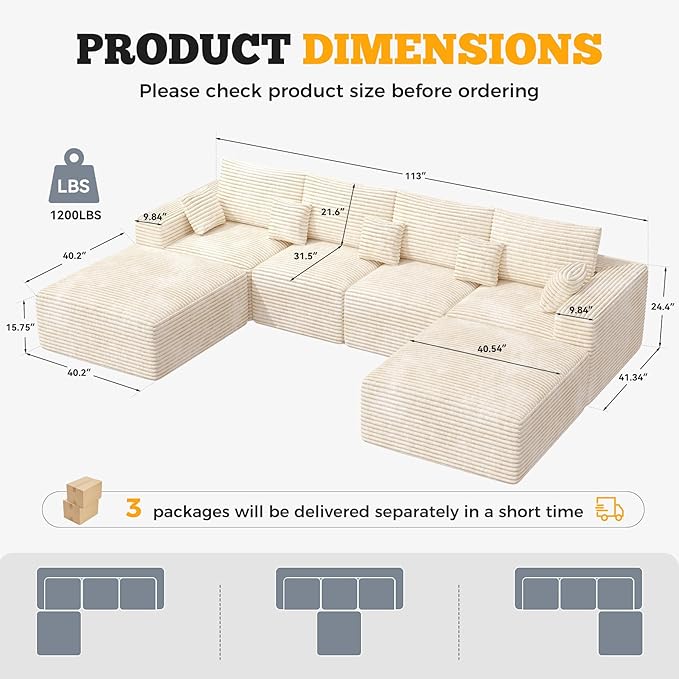 146 Modular Sectional Sofa Convertible U-Shaped Cloud Couches for Living Room with Ottoman 6 Seater Corduroy Boneless Couch Sofa Set No Assembly Required Beige 1 PCS