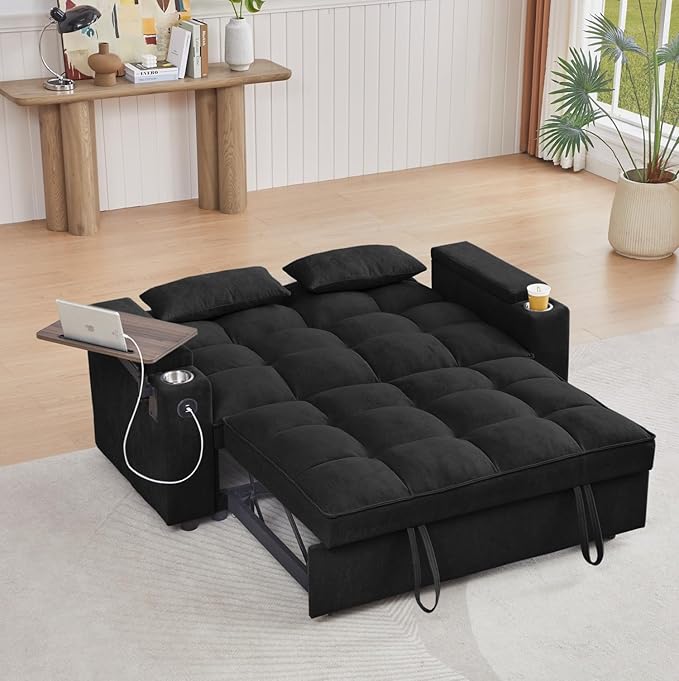  65''Convertible Sleeper Sofa Bed3-in-1 Pull Out Couch Bed with 360 Degree rotatable Side Table and USB Ports for Living RoomRV (07Black)