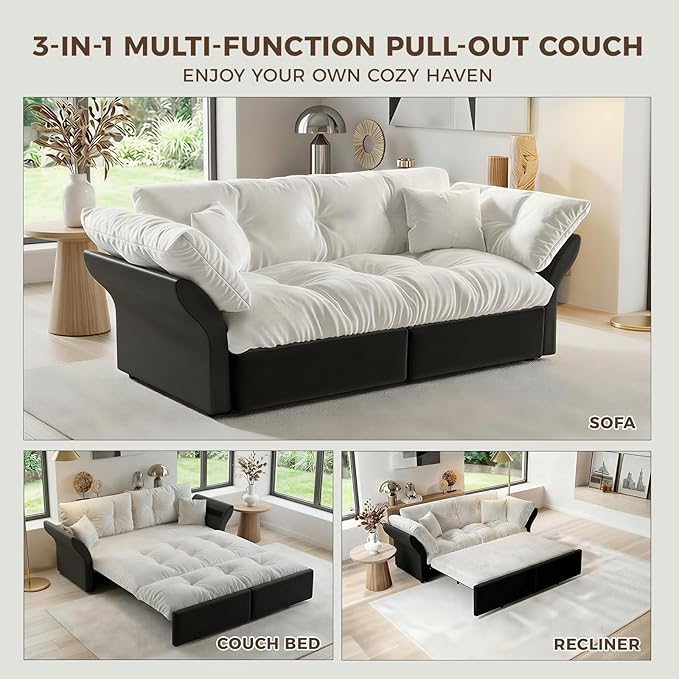 74.8 Queen Pull Out Couch BedVelvet Convertible Pull-Out Sofa Bed with Side Pockets3-in-1 Queen-Size Sleeper SofaSleeper Loveseat for Living RoomApartment Offices (Beige/White)