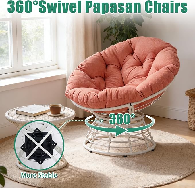 43 Ergonomic 360° Swivel Papasan Chair Wicker Round Chair with Thick Cushion Lounge Chair for Living Room Bedroom Reading Nook Indoor Outdoor Use Orange Cloud &amp White Frame