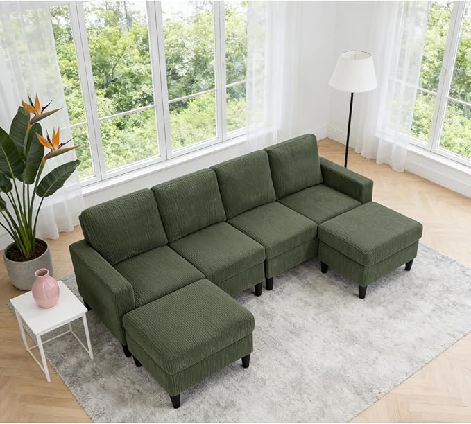 101 L-Shape Modular Sectional Couch Convertible Corduroy Couch with 2 Ottomans Modern 4 Seater Upholstered Modular Sectional Sofa for Apartment Living Room Dark Green