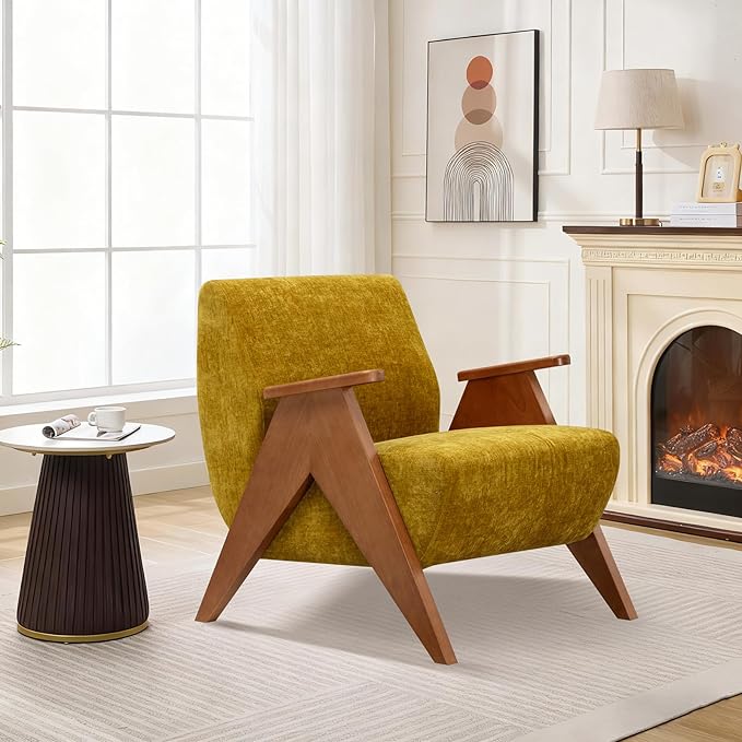2 Pcs Home Accent Chair Mid Century Modern Accent Chair with Wood Frame Lounge Upholstered Armchair Reading Chair Sturdy BaseFor Living Room BedroomOfficeComfy Guest Waiting Room ChairsYellow