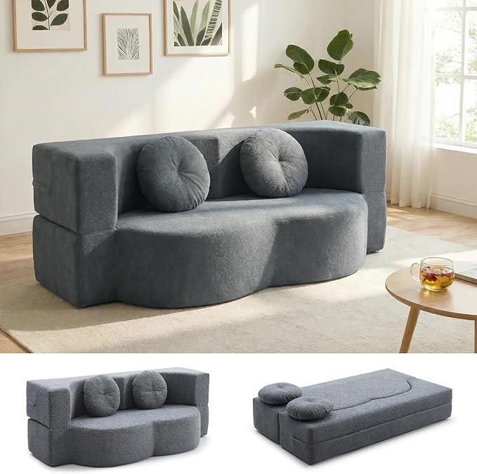 76 Convertible Folding Sofa Bed 2-in-1 Twin Size Loveseat Sleeper Couch Bed with Two Pillows Foldable Space-Saving | Design for Dorms Apartments Bedroom&amp Living RoomNo Assemble(Grey)
