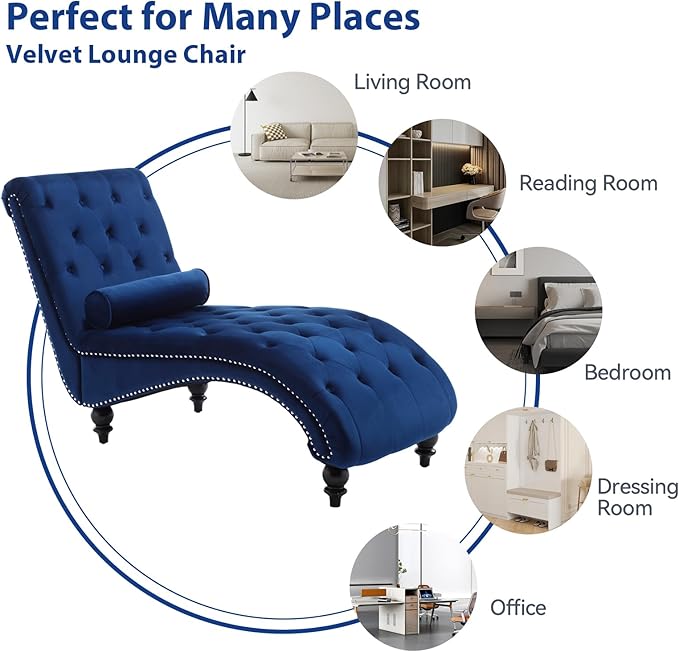 Velvet Chaise Lounge Chair Indoor Comfy Upholstered Chaise Lounge with Pillow and Solid Wood Legs Button Tufted Leisure Sofa Recliner for Living Room Bedroom Office Apartment (Blue)