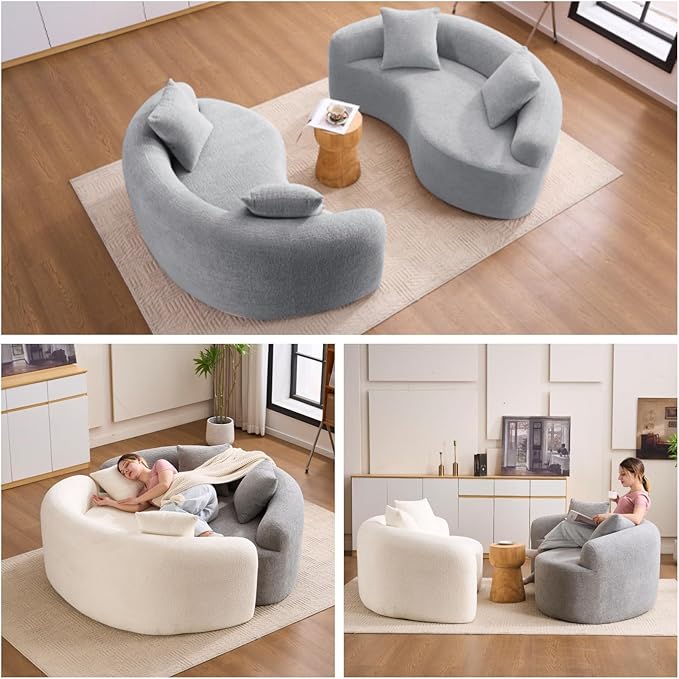 67 Curved Loveseat SofaFull Sponge Compression Sofa Chinese Tai Chi StyleS-Shaped Couch for Small SpacesNo Installation RequirementWood Grain Chenille Fabric （Light Gray67）