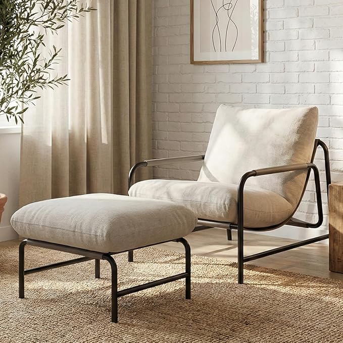 Acanva Accent Chair with Ottoman Modern Reading Chair for Adults Shredded Latex Filling Lazy Lounge Armchair for Living Room Bedroom Small Spaces White