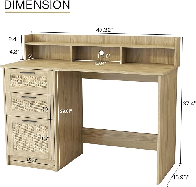 Computer Desk with Rattan Drawers and Hutch - 47 Inch Home Office Boho Writing Desk with Storage File Drawer &amp Monitor Stand Modern Wood Computer Table