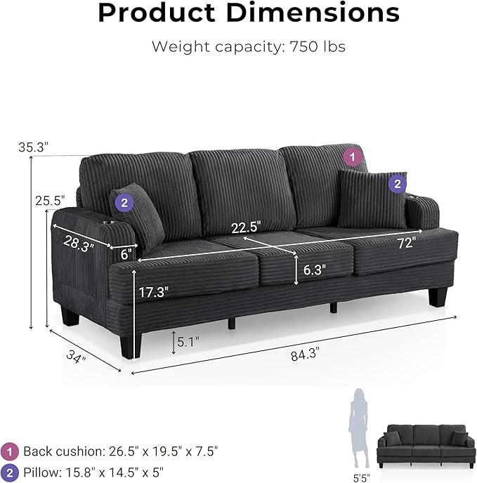 Homes: Inside + Out Reese Modern Plush Chenille Couch with Side Pockets Cup Holders and USB Ports Wooden Comfortable Sofa for Living Room Bedroom and Office Dark Grey