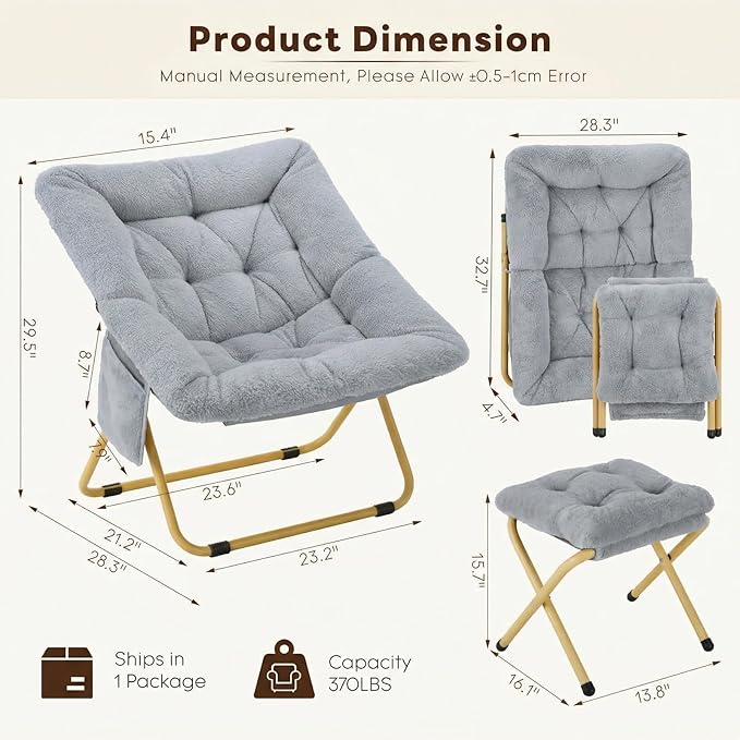 Folding Saucer Chair Comfy Reading Chair with Ottoman Plush Faux Fur Lounge Chair for Small Space Bedroom Dorm Living Room X-Large Lazy Chair for Adults Teens Kids