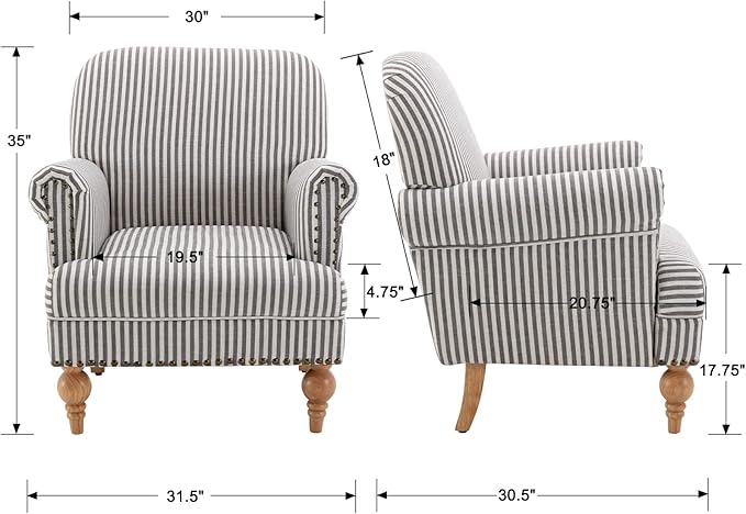 chairus Linen Accent Chair for Living Room Set of 2 Upholstered Mid Century Modern Single Sofa Chair with Solid Wood Legs Comfy Reading Armchair for Bedroom/Office Room/Recption/Lounge Black Stripe