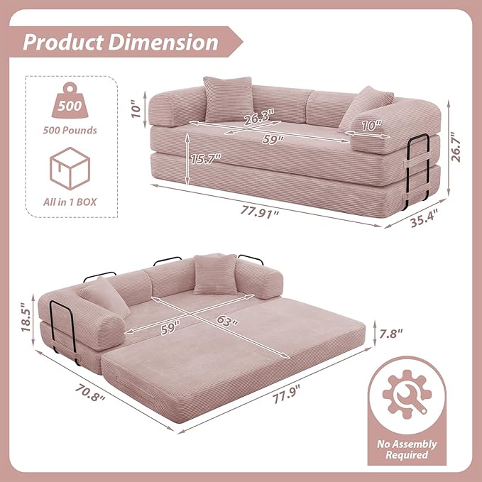 78 Convertible Sleeper Sofa Bed with Cylindrical Pillow Corduroy Folding Mattress Couch with Fixed Frame Floor Sofa Lounge Couch for Living Room Bedroom Apartment Pink