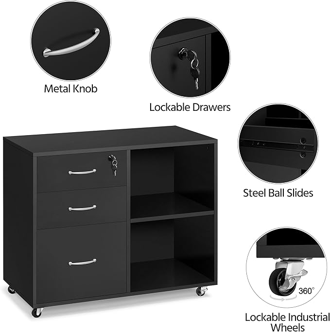 Topeakmart Black File Cabinet with Lock for Letter A4 Size 3 Drawer Lateral Filing Cabinet Printer Stand with Open Storage Compartments for Home Office Black