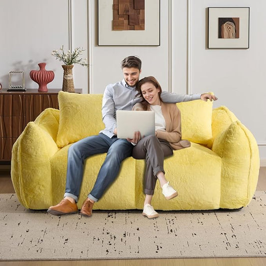 Compressed Sofa Couch in a Box 75” Beige Plush Floor Sofa Couch with Memory Foam for Bedroom Apartment Comfy Upholstered Foam Loveseat with Curved Armrest No Assembly (Yellow)