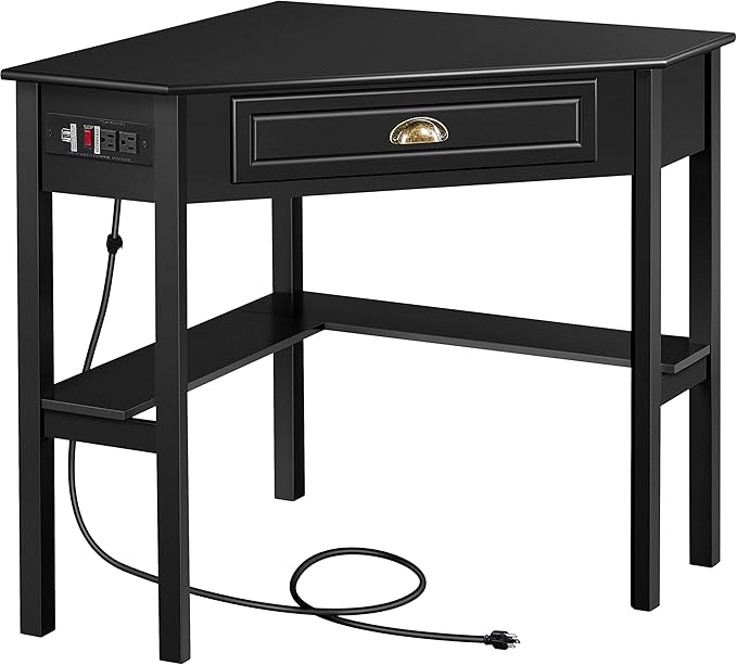 Yaheetech L Shaped Computer Desk Corner Table with Charging Station Outlets for Small Space 90 Degree Triangle Desk Home Office Table with Drawer and Storage Shelf for Workstation Living Room Black