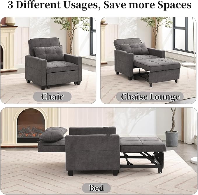 Sleeper Chair Bed Convertible Chair Bed Pull Out Chair Beds with USB Charging &amp Cupholders Adjustable Backrest Leather Futon Chair Bed for Living Room Bedroom (Dark Grey(Cloth))