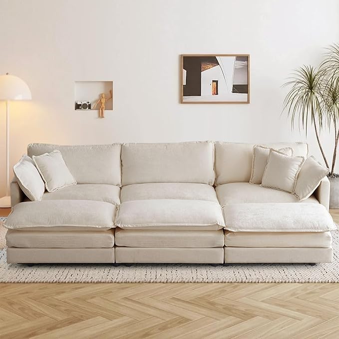 SoarFlash Chenille Sectional Sofa Comfy Modular Coush Sofa with Ottoman Modern 3 Seat Recliner Deep Seat Sofa Set for Living RoomLight Coffee