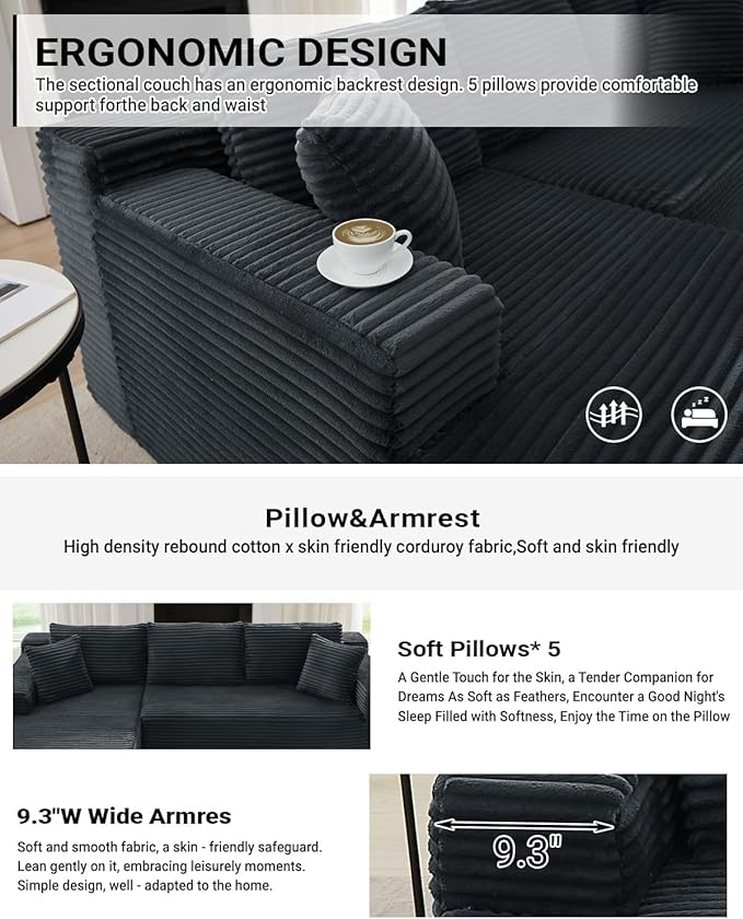 Cloud Couch Sectional L Shaped Boneless Couch Sectional Couches for Living Room Modern Comfy Corduroy Fluffy Modular Sofa with Deep Seat No Assembly (Grey Right Facing Chaise)