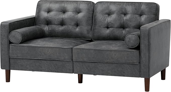 67 Suede Leather 2 Seater Sofa with Two Bolster Pillows Tufted Sofa with Wooden Legs Mordern Couch for Living Room Office Apartment Grey