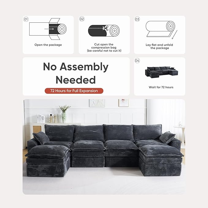 145 Cloud Sectional CouchOversized U Shaped Boneless Couch with OttomanDeep Seat Modular Sectional Sofa for Living Room with Side Pockets No AssemblyCorduroyGrey