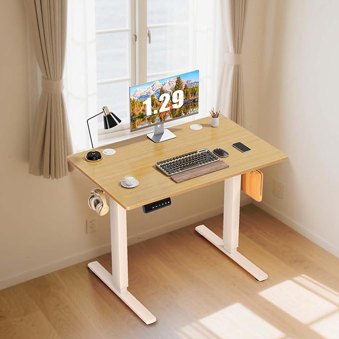 Hexago Electric Standing Desk 48 x 24 Inch Height Adjustable Sit Stand Desk with Memory Presets T-Leg Frame Dual Hooks Cable Hole Ergonomic Computer Desk for Home Office – Oak