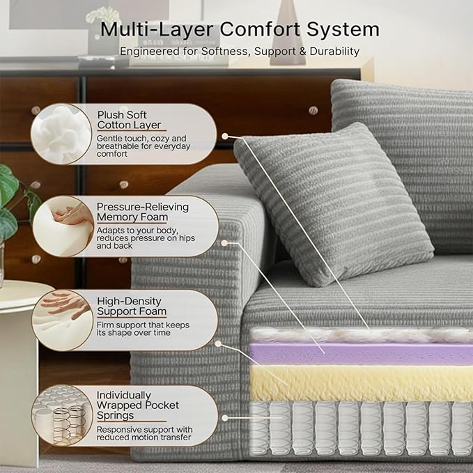 3-Seater Deep-Seat Corduroy Lounge Sleeper Sofa No Assembly Frameless Foam Cloud Couch Comfy Plush for Living Room Bedroom Apartment Dorm Office（Light Gray）