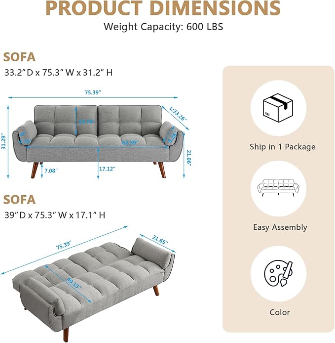 75 Convertible Futon Sofa Bed Sleeper Couch Bed with Adjustable Backrest Small Couches for Small Spaces Living Room Bedroom and Office (Gray)