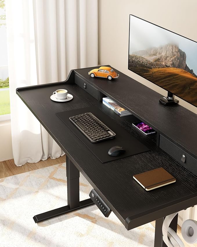 ErGear Electric Standing Desk with Drawers 48″ x 24″ Gaming Table Compatible Monitor Stand Stand up Desks Home Office Height-Adjustable Desk with Storage Shelf 4 Preset Heights Black