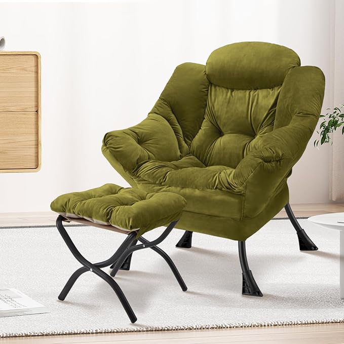 Lazy Chair with Folding Ottoman Modern Large Accent ChairContemporary Lounge Leisure Sofa Chair with Armrests Upholstered Sofa Armchair Reading Chair for BedroomDorm &amp Office(Green-f)