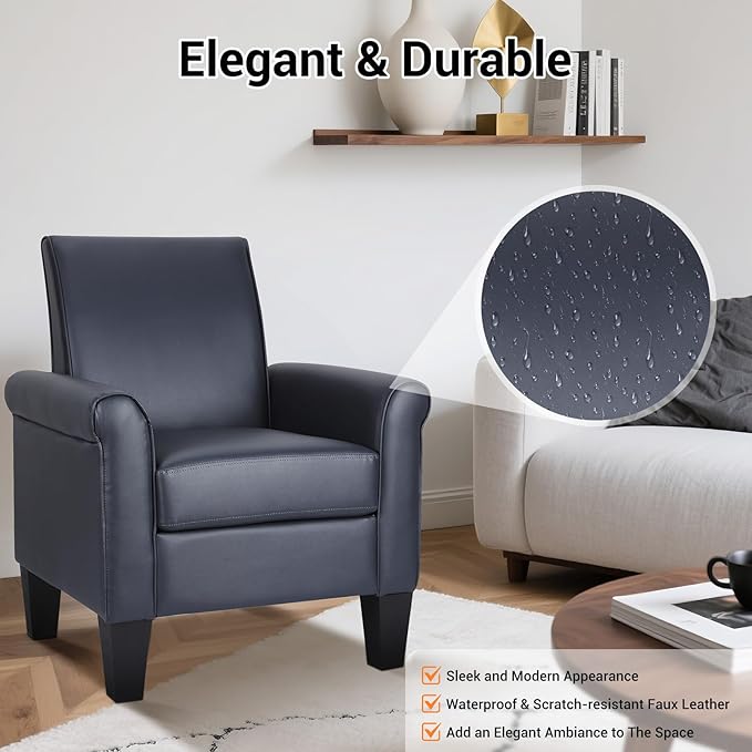 Lohoms Mid-Century Modern Leather Accent Chairs Overstuffed Leather Living Room Chair Upholstered Comfortable Club Chair PU Leather Armchair for Bedroom Office Waiting Room -Dark Blue