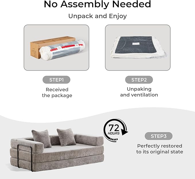 WELAX 77 Convertible Sleeper Sofa Bed Boneless Cloud Queen Futon Couches with 2 Pillows &amp Removable Armrests Chenille Folding Floor Couch No Assembly for Bedroom Living Room Light Grey
