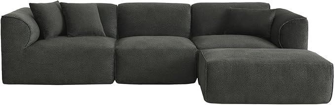 Luxury Living Room Double-Needle Cut Velvet Sofa 4-Seater with Pure Sponge Seat Cushions A Detachable Footstool and 3 Throw Pillows L Shaped Polyester Sofa for Living Rooms (Green-EK99)