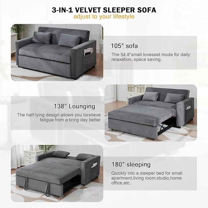 55.51 Sleeper Sofa BedPull Out Couch with Side Pockets3 in 1 Corduroy Fabric Loveseat Sleeper SofaPull Out Sofa Bed with Adjustable Backrest for Living Room Bedroom Apartment（Gray）