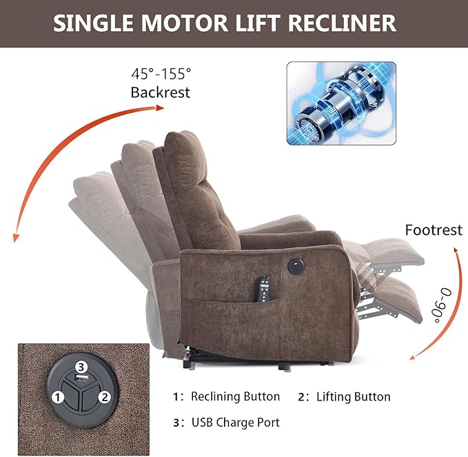 Small Power Lift Chair Recliner for Elderly Petite Power Recliner Chair with Massage and Heat | USB | High Back | Push Button | Side Pockets Liviing Room Easy Assembly (Chenille Brown)