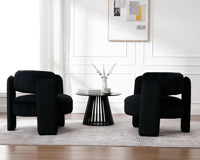 VESCASA Velvet Barrel Accent Chairs with Open-Back Upholstered Side ArmChairs with 3 Legs Modern Single Sofa for Living Room Set of 2 Black