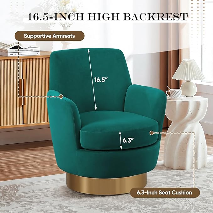 360° Swivel Barrel Chair Set of 2 28.3 Modern Velvet Round Accent Chair Comfy Upholstered Small Armchair with Gold Metal Base for Living Room Bedroom Nursery Office Sillas para Sala Emerald