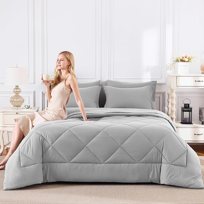 CozyLux Oversized King Comforter Set Light Grey 7 Pieces Bed in a Bag Comforter Set with Sheets All Season Bedding Set with Down Alternative Comforter Sheets Pillowcases &amp Shams