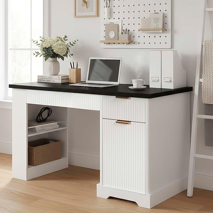 White Farmhouse Desk with Drawers &amp Charging Station Wood Executive Desk with Storage Cabinet &amp Keyboard Tray Computer Desks with Monitor Stand &amp Pegboard for Home Office (White + Black)