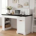White Farmhouse Desk with Drawers &amp Charging Station Wood Executive Desk with Storage Cabinet &amp Keyboard Tray Computer Desks with Monitor Stand &amp Pegboard for Home Office (White + Black)