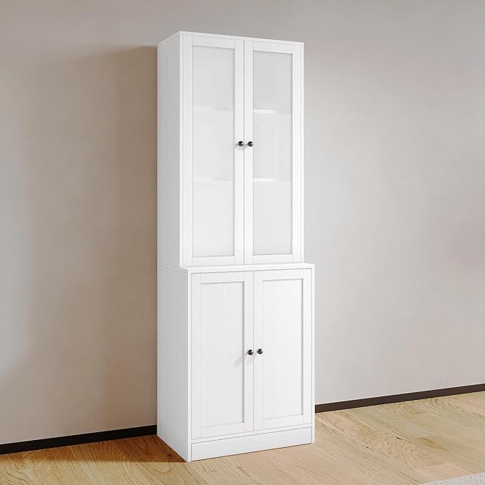 VOWNER Vertical File Cabinet 3-Tier Modern Bookshelf with 3 Large Drawer Wood Filing Cabinet with Open Storage Shelf Glass Doors and Adjustable Shelves for Home Office White (B)